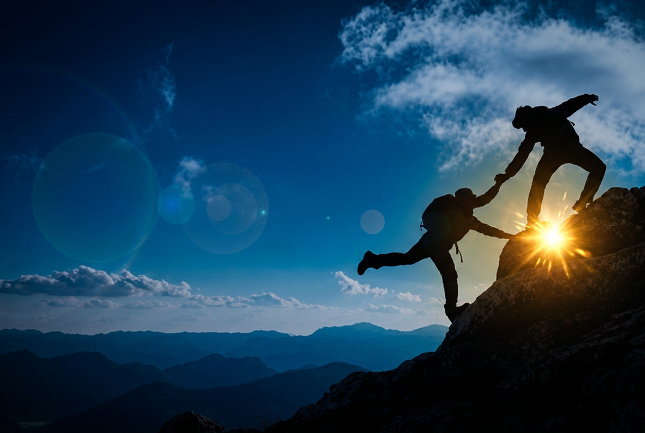 Two climbers helping each other to a summit at sunrise